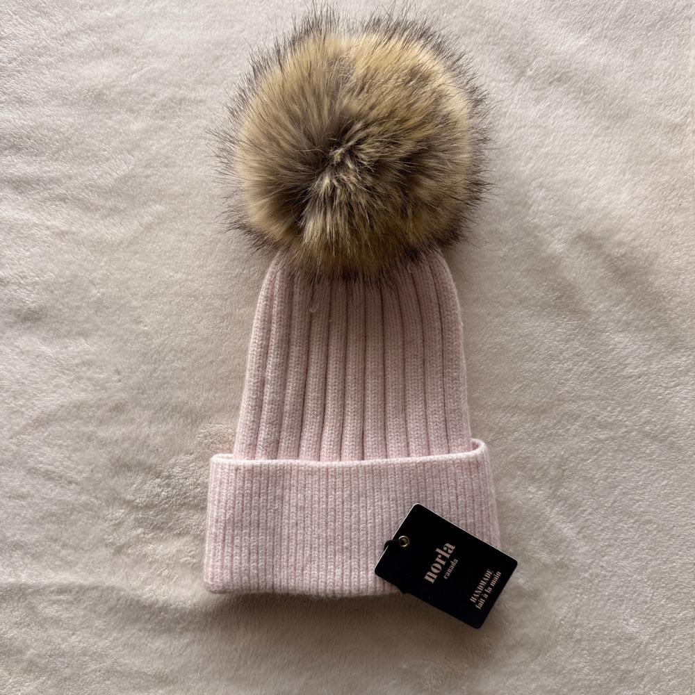 Norla Canada Pink Ribbed Knit Beanie with Real Fur Pom Pom Handmade